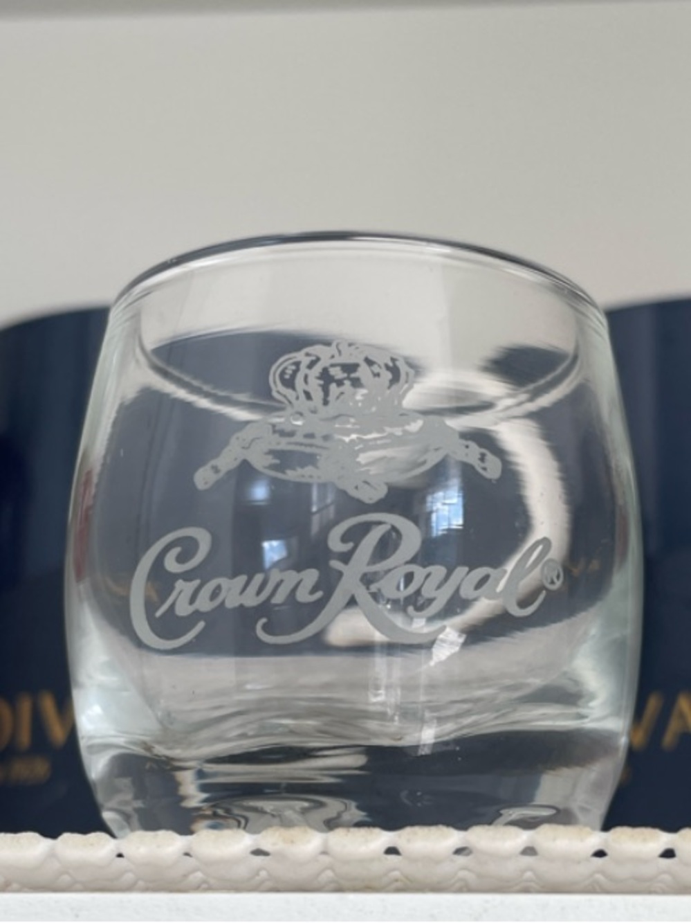Vintage Crown Royal Limited Edition Etched Clear Glass Round Whiskey Shot Glass